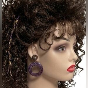 Vintage 80s Statement Swirl Resin Hoop Drop Earrings - Purple & Gold